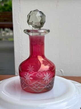 Cut Glass Ruby Red Perfume Bottle with Faceted Stopper